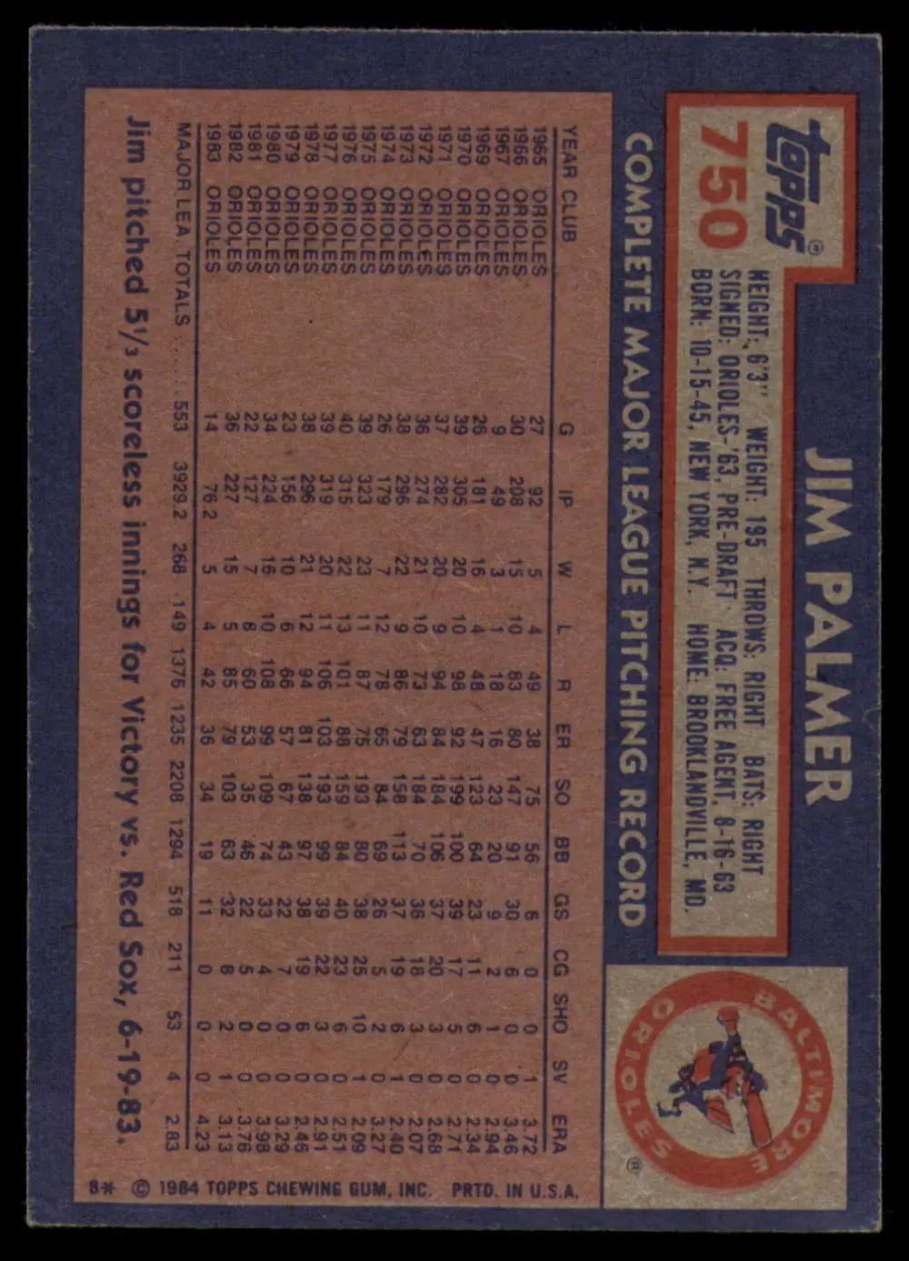 1984 Topps #750 Jim Palmer EX Excellent Baltimore Orioles Baseball Card - Baseball Card Single