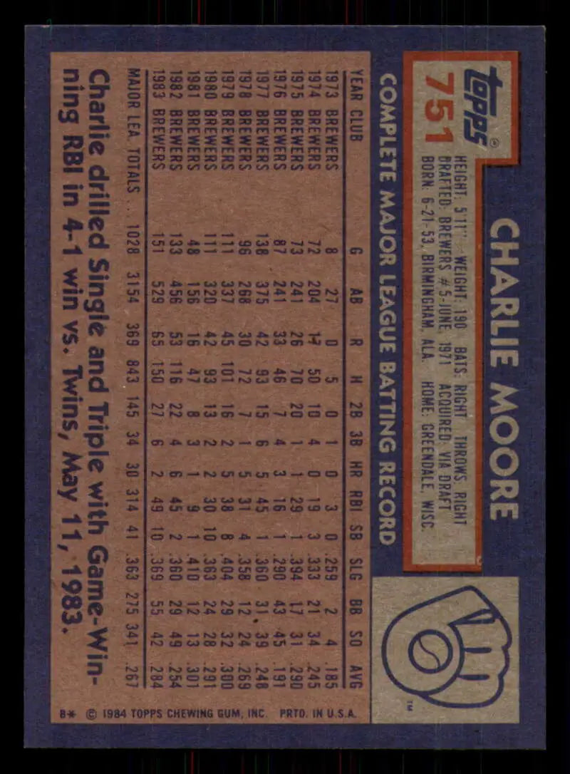 1984 Topps #751 Charlie Moore EX Excellent Milwaukee Brewers Baseball Card - Baseball Card Single