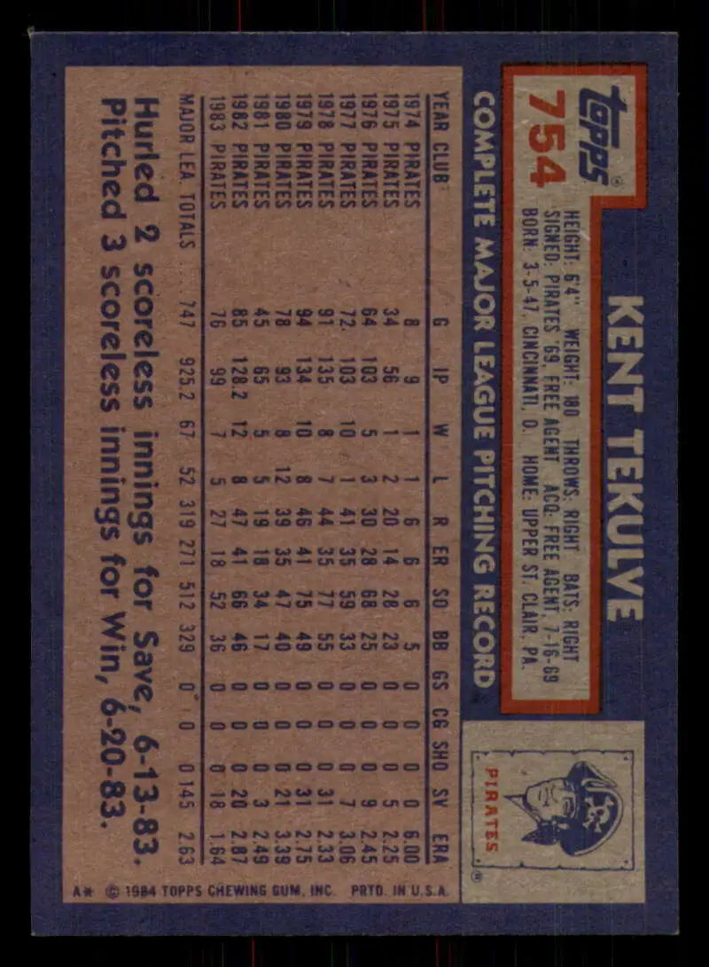 1984 Topps #754 Kent Tekulve EX Excellent Pittsburgh Pirates Baseball Card - Baseball Card Single