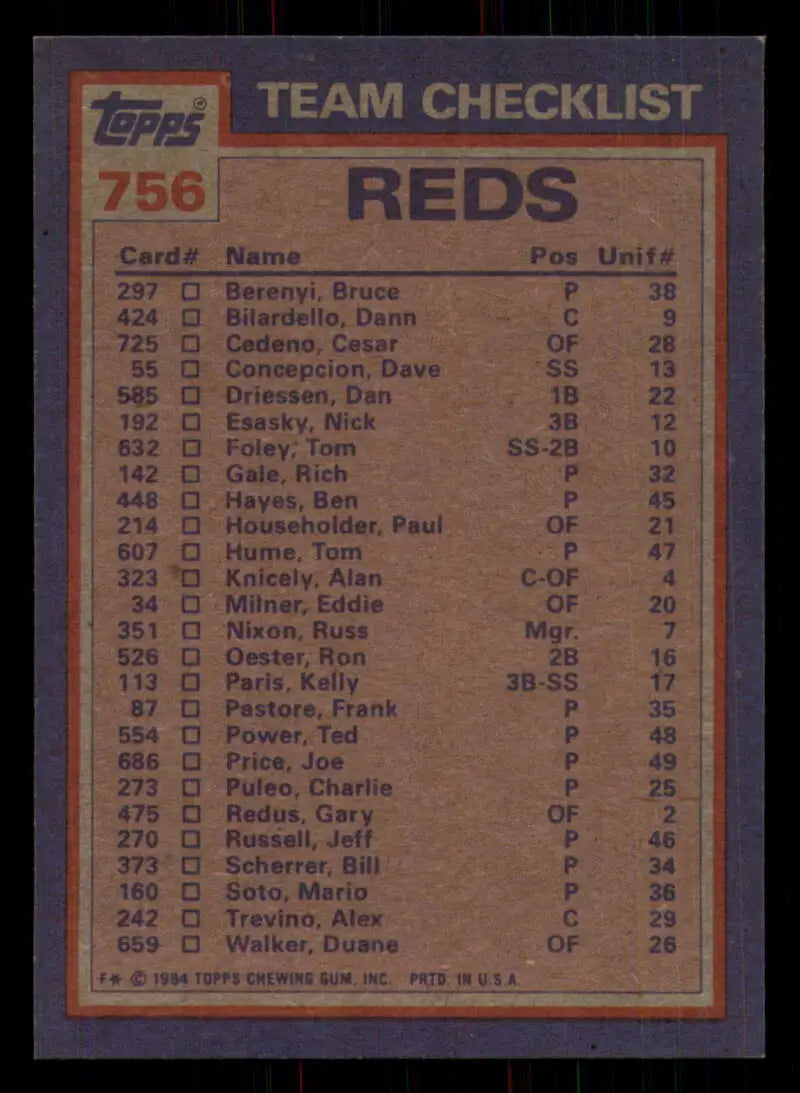 1984 Topps #756 Ron Oester/Mario Soto EX Excellent Cincinnati Reds Baseball Card - Baseball Card Single