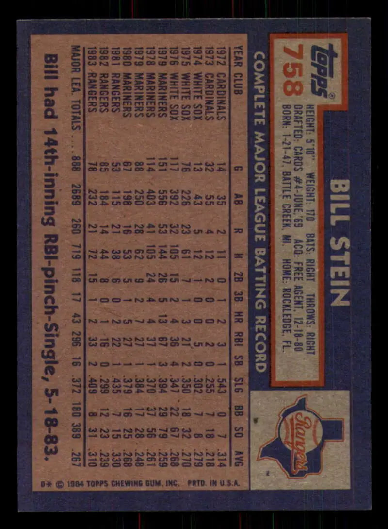 1984 Topps #758 Bill Stein EX Excellent Texas Rangers Baseball Card - Baseball Card Single