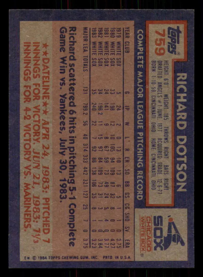 1984 Topps #759 Richard Dotson EX Excellent Chicago White Sox Baseball Card - Baseball Card Single