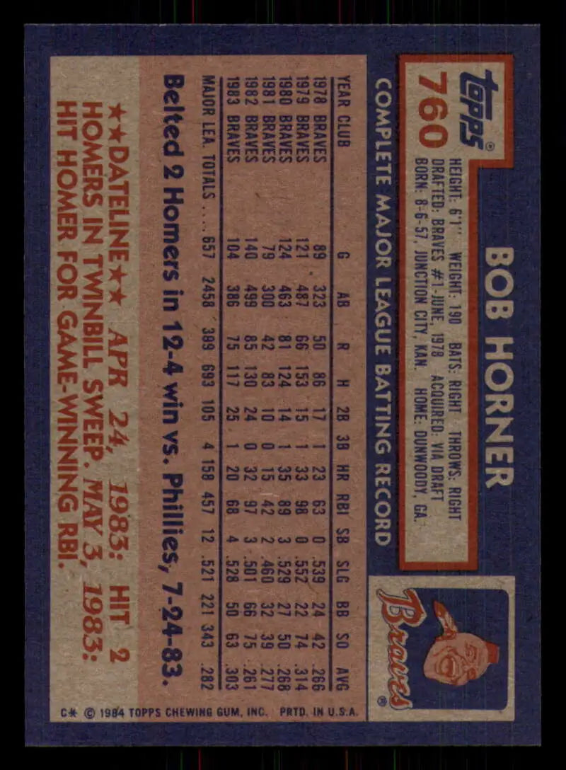1984 Topps #760 Bob Horner EX Excellent Atlanta Braves Baseball Card - Baseball Card Single