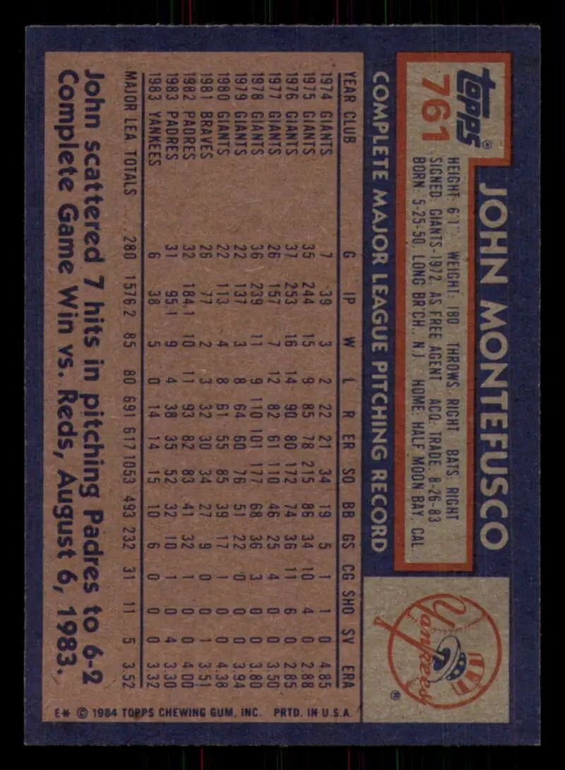 1984 Topps #761 John Montefusco EX Excellent New York Yankees Baseball Card - Baseball Card Single
