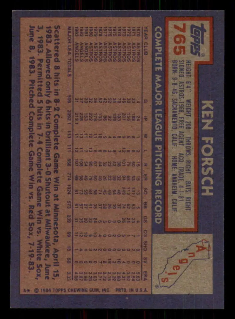 1984 Topps #765 Ken Forsch EX Excellent California Angels Baseball Card - Baseball Card Single