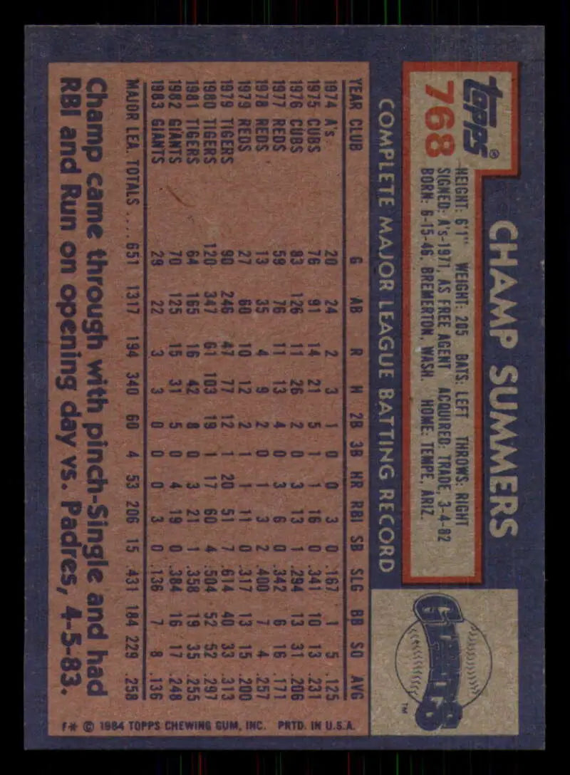 1984 Topps #768 Champ Summers EX Excellent San Francisco Giants Baseball Card - Baseball Card Single