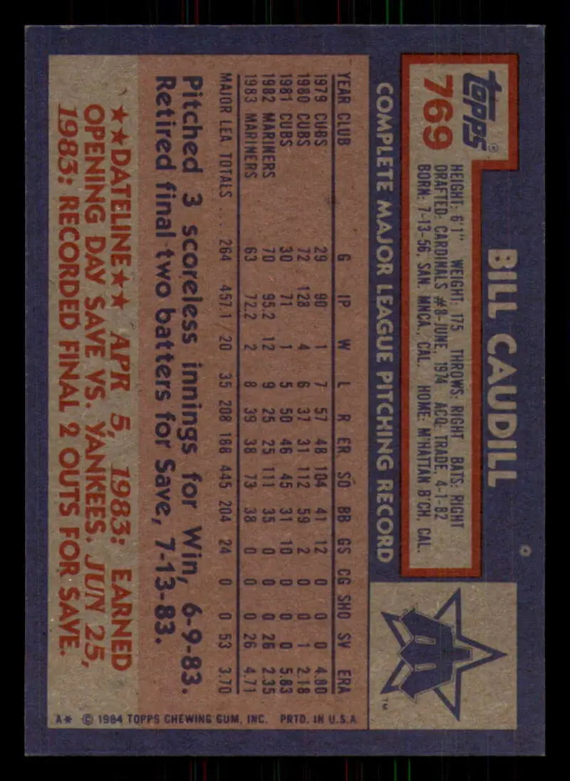 1984 Topps #769 Bill Caudill EX Excellent Seattle Mariners Baseball Card - Baseball Card Single