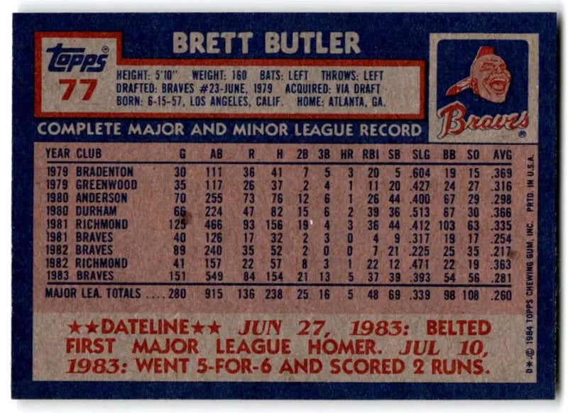 1984 Topps #77 Brett Butler EX Excellent Atlanta Braves Baseball Card - Baseball Card Single