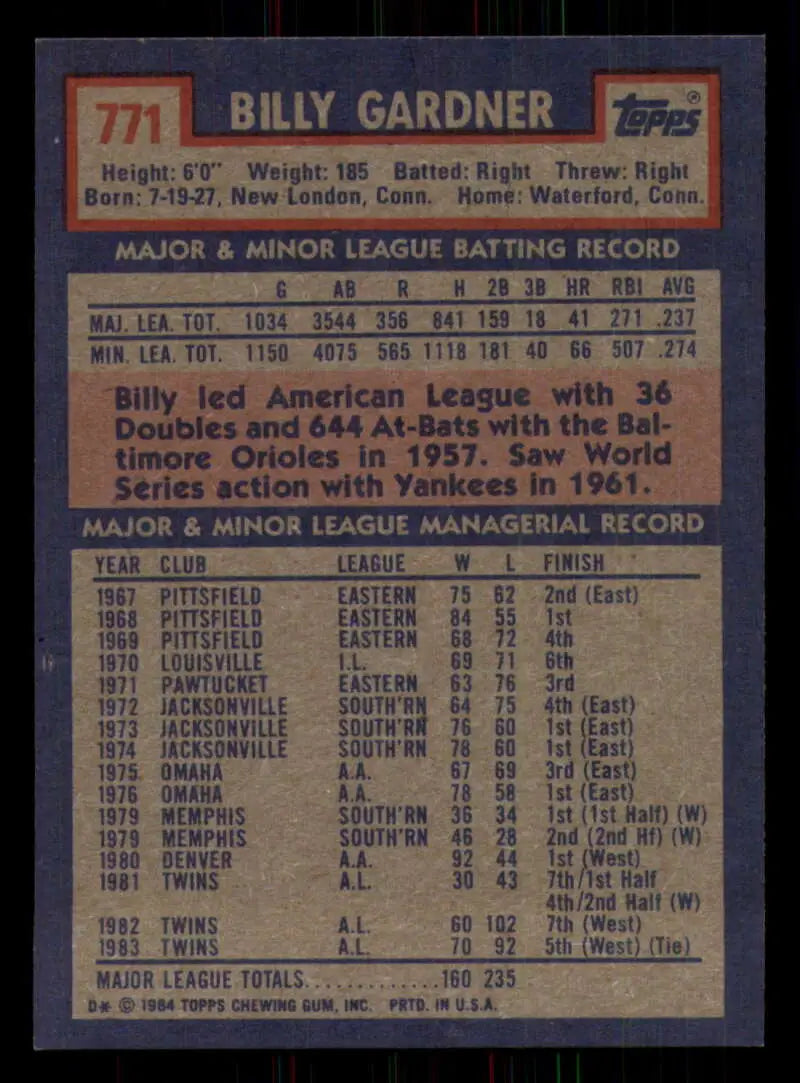 1984 Topps #771 Billy Gardner EX Excellent Minnesota Twins Baseball Card - Baseball Card Single
