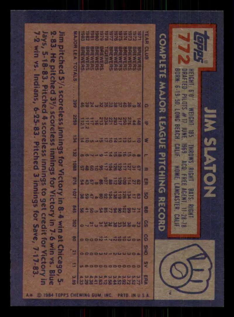1984 Topps #772 Jim Slaton EX Excellent Milwaukee Brewers Baseball Card - Baseball Card Single