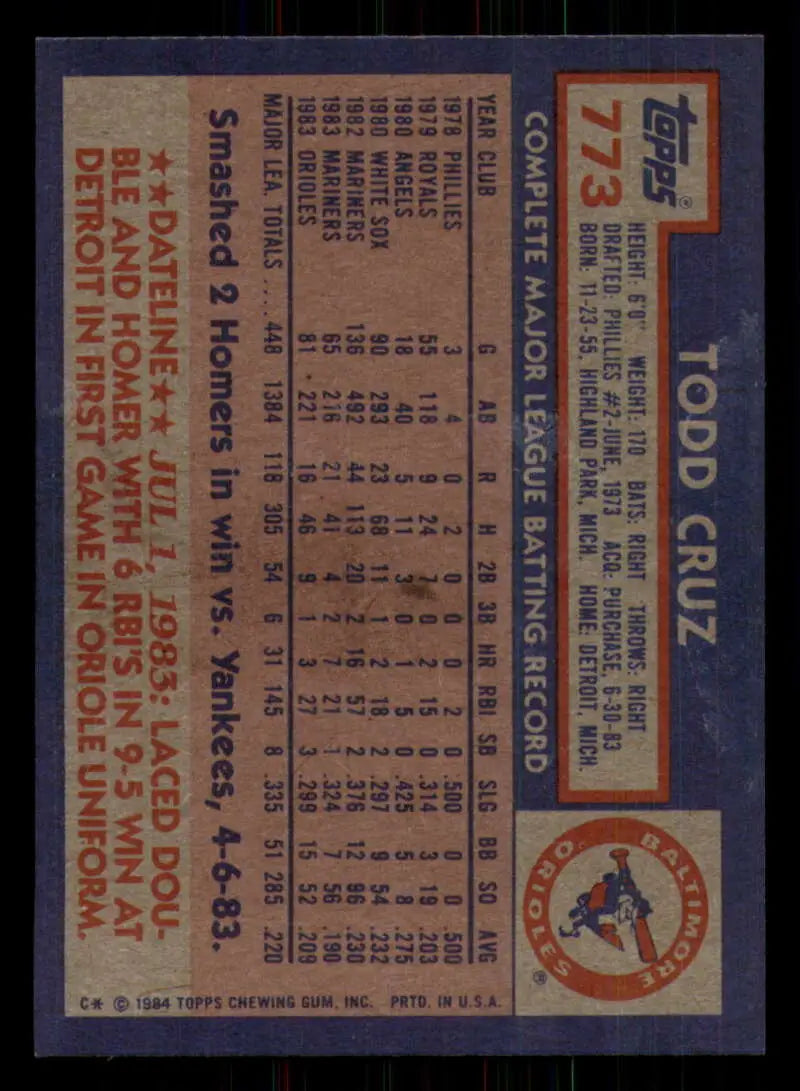 1984 Topps #773 Todd Cruz EX Excellent Baltimore Orioles Baseball Card - Baseball Card Single
