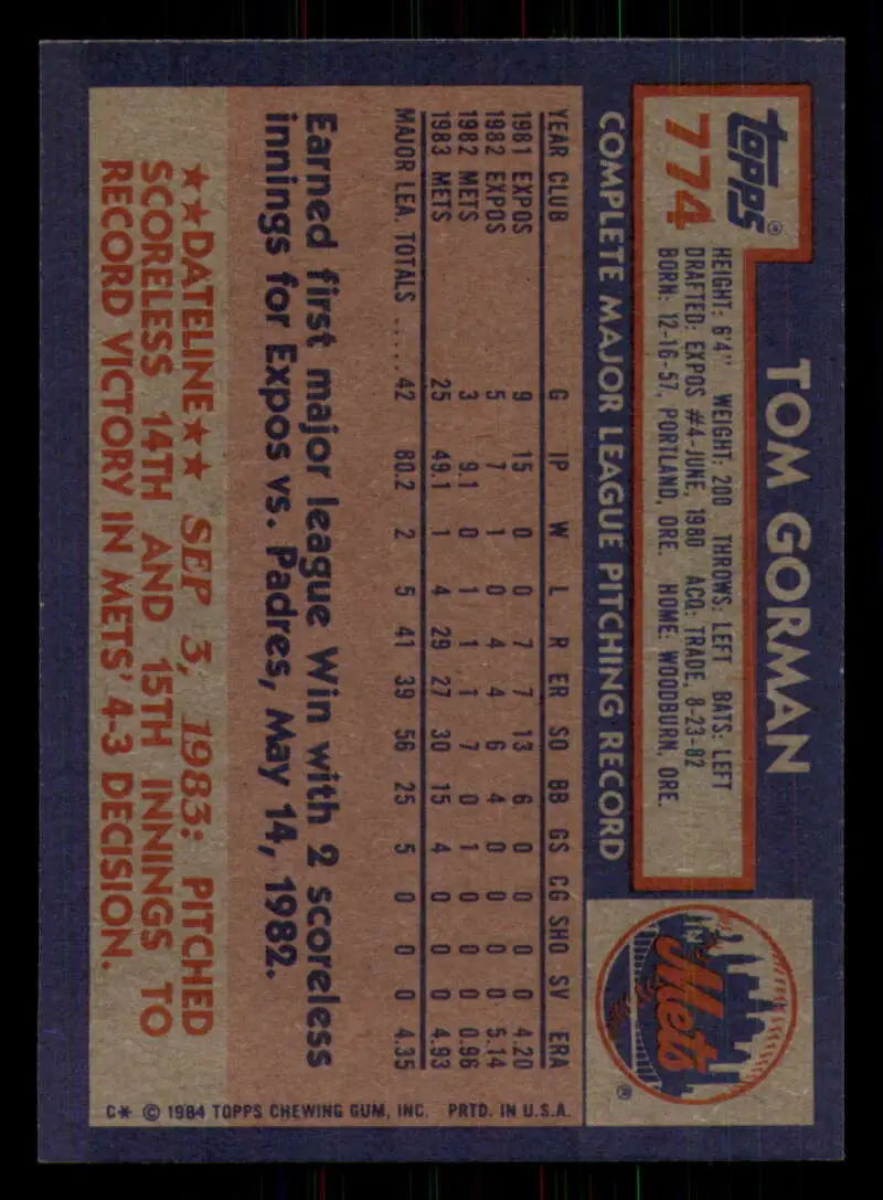 1984 Topps #774 Tom Gorman EX Excellent New York Mets Baseball Card - Baseball Card Single