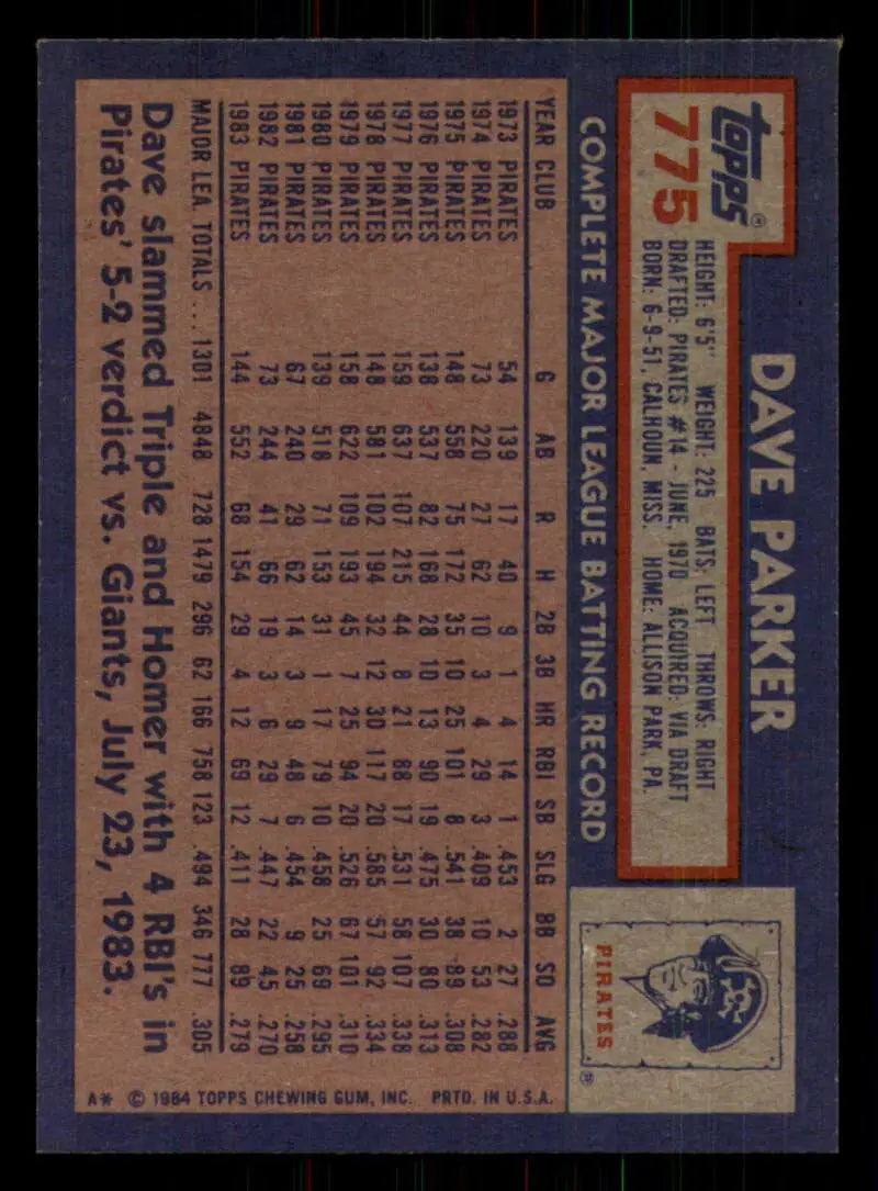 1984 Topps #775 Dave Parker EX Excellent Pittsburgh Pirates Baseball Card - Baseball Card Single