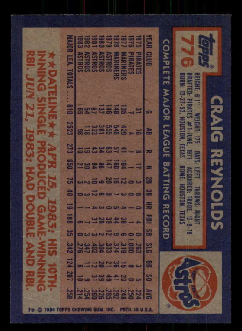 1984 Topps #776 Craig Reynolds EX Excellent Houston Astros Baseball Card - Baseball Card Single