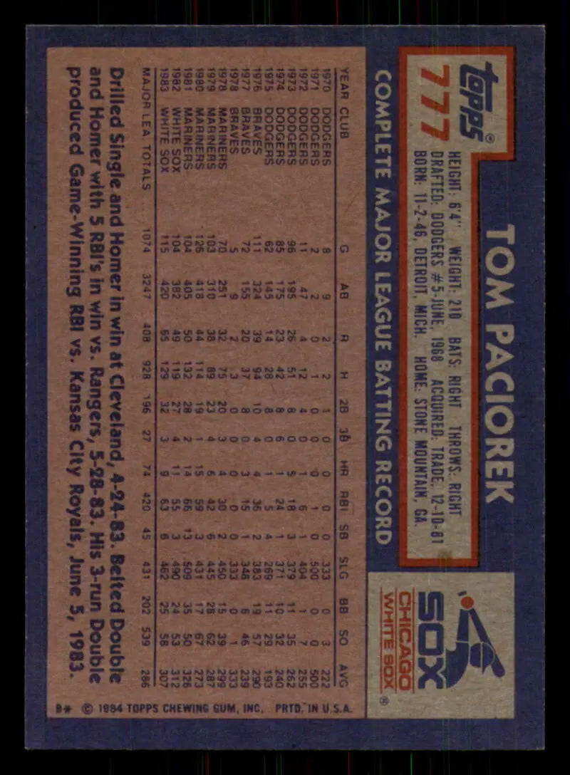 1984 Topps #777 Tom Paciorek EX Excellent Chicago White Sox Baseball Card - Baseball Card Single