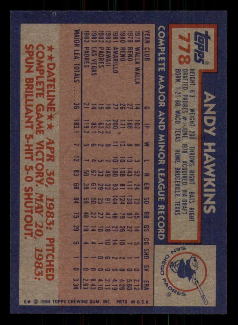 1984 Topps #778 Andy Hawkins EX Excellent RC Rookie San Diego Padres Baseball Card - Baseball Card Single