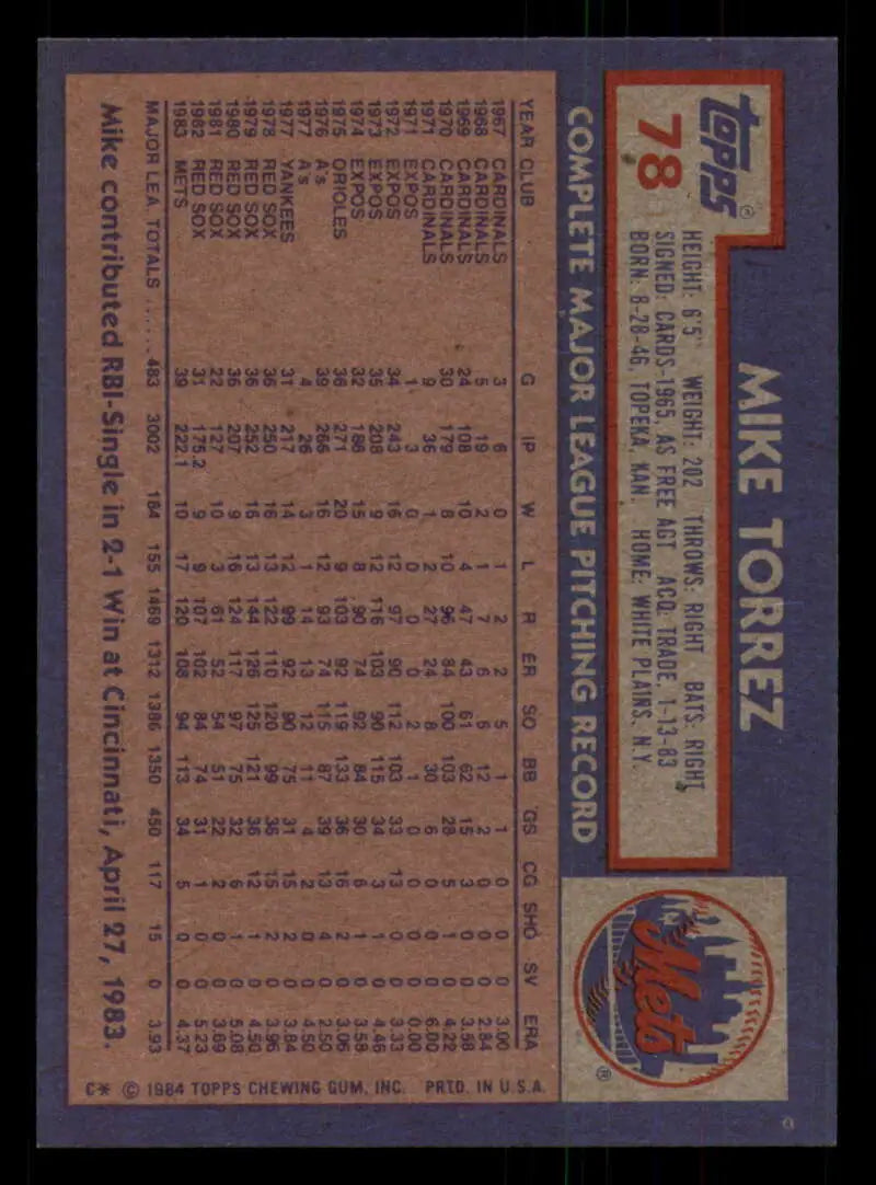 1984 Topps #78 Mike Torrez EX Excellent New York Mets Baseball Card - Baseball Card Single
