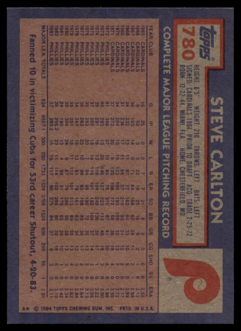 1984 Topps #780 Steve Carlton EX Excellent Philadelphia Phillies Baseball Card - Baseball Card Single