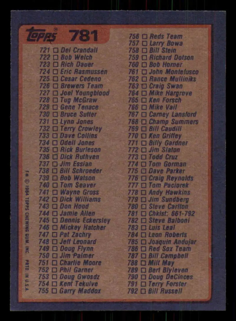 1984 Topps #781 Checklist 661-792 EX Excellent Checklist Baseball Card - Baseball Card Single