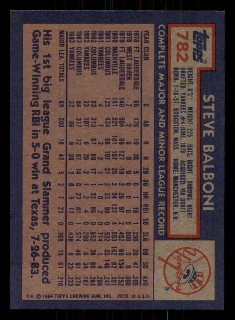 1984 Topps #782 Steve Balboni EX Excellent New York Yankees Baseball Card - Baseball Card Single