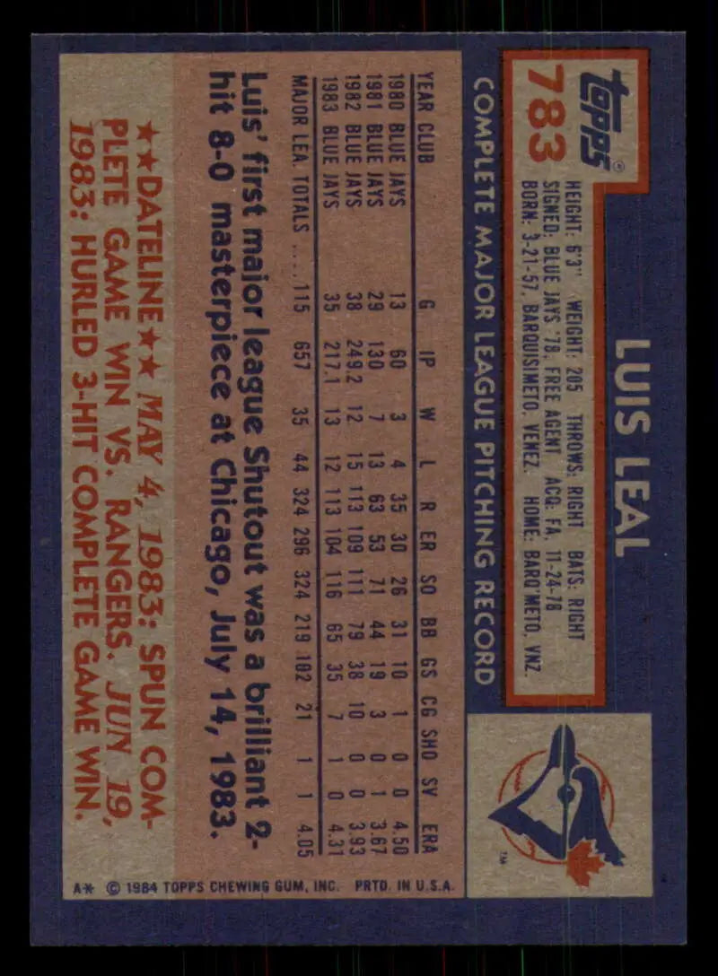 1984 Topps #783 Luis Leal EX Excellent Toronto Blue Jays Baseball Card - Baseball Card Single