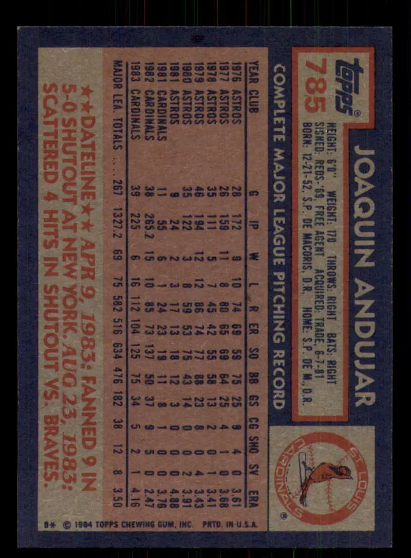 1984 Topps #785 Joaquin Andujar EX Excellent St. Louis Cardinals Baseball Card - Baseball Card Single