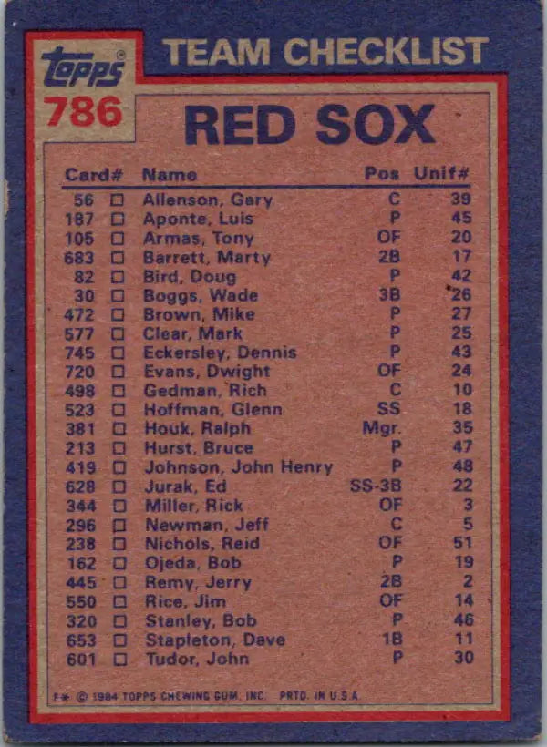 1984 Topps #786 Wade Boggs/Bob Ojeda EX Excellent Boston Red Sox Baseball Card - Baseball Card Single