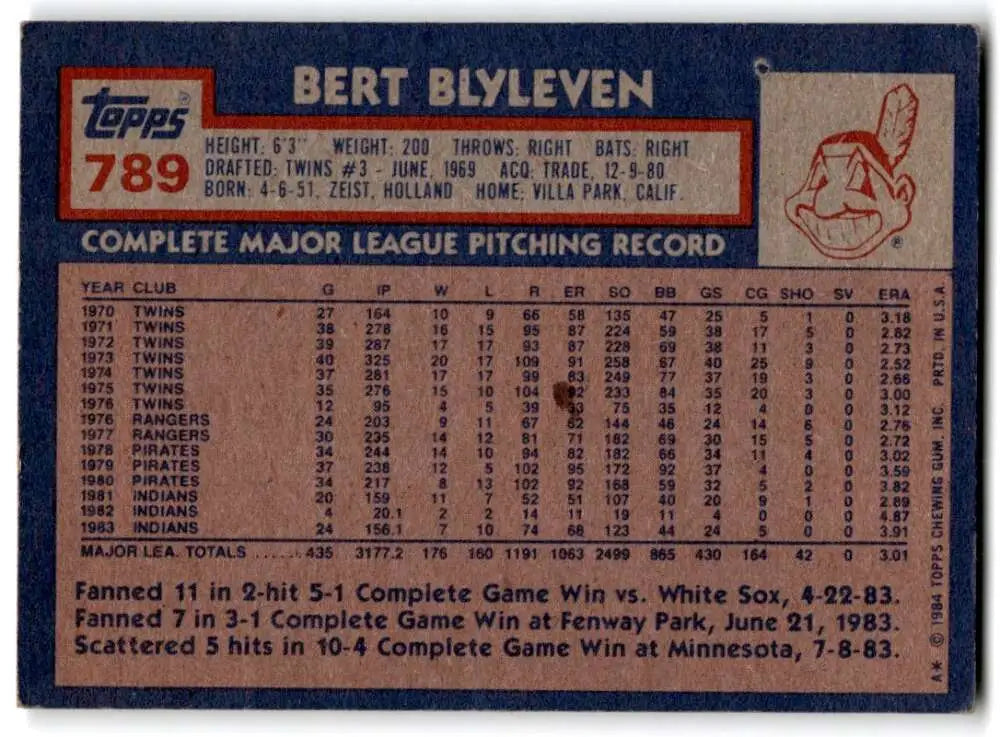 1984 Topps #789 Bert Blyleven EX Excellent Cleveland Indians Baseball Card - Baseball Card Single