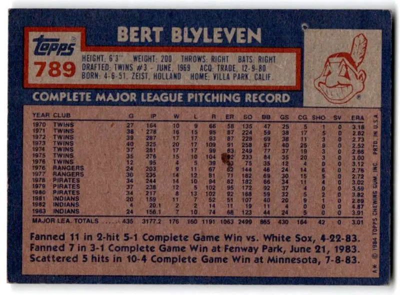 1984 Topps #789 Bert Blyleven EX Excellent Cleveland Indians Baseball Card - Baseball Card Single