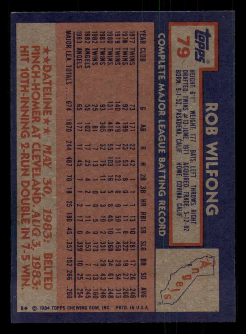 1984 Topps #79 Rob Wilfong EX Excellent California Angels Baseball Card - Baseball Card Single