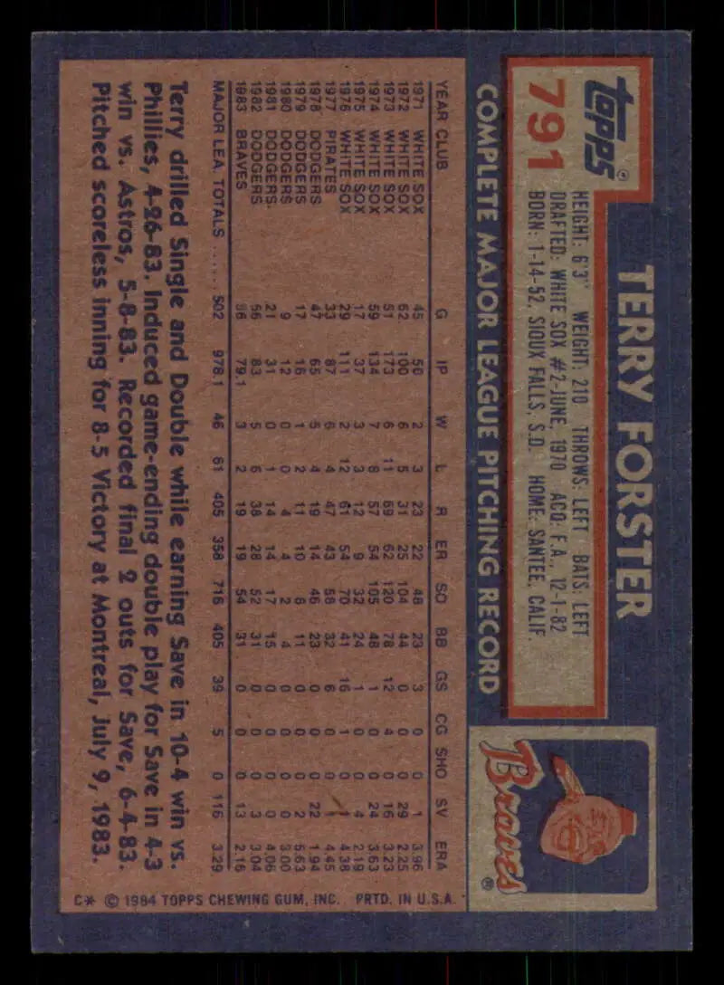 1984 Topps #791 Terry Forster EX Excellent Atlanta Braves Baseball Card - Baseball Card Single
