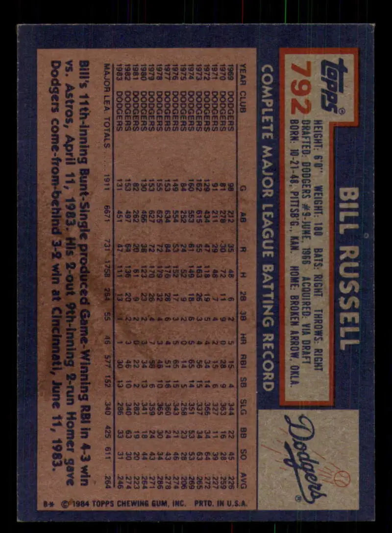 1984 Topps #792 Bill Russell EX Excellent Los Angeles Dodgers Baseball Card - Baseball Card Single