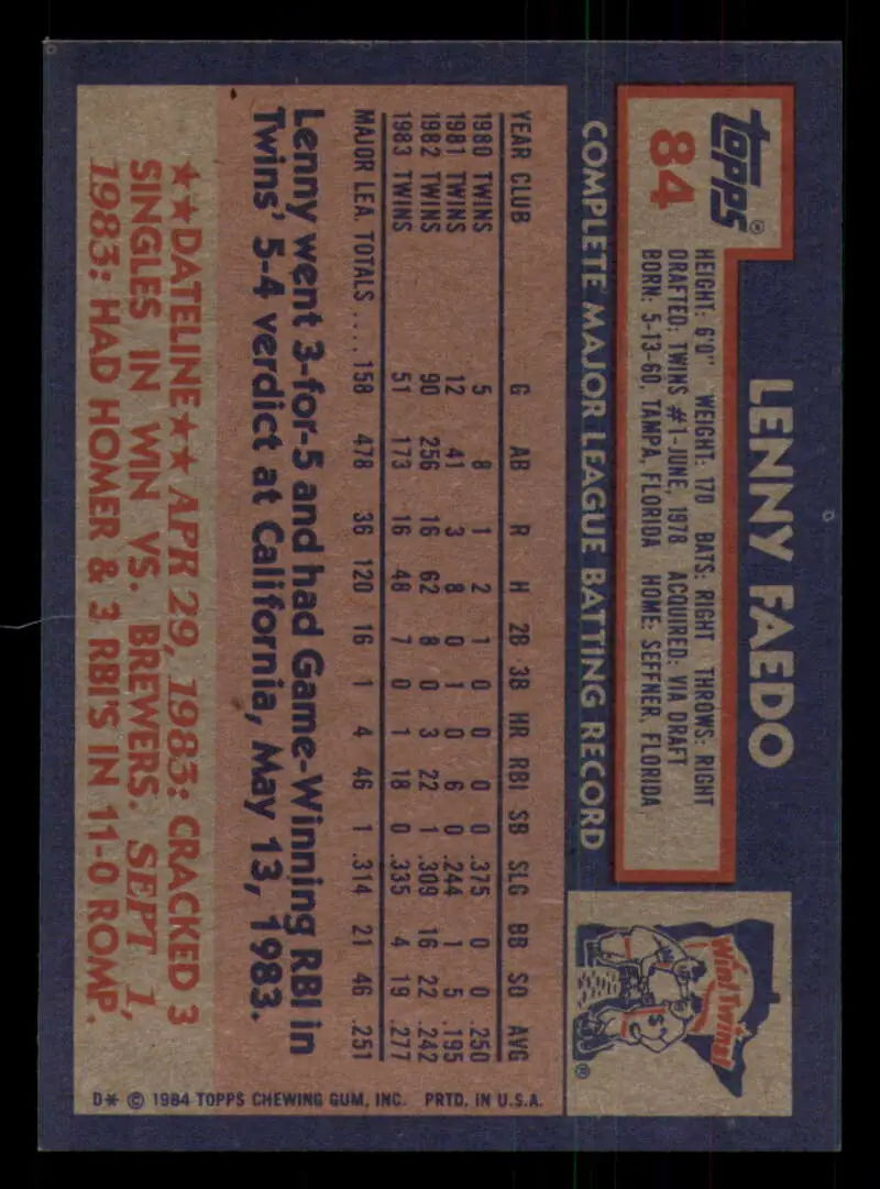 1984 Topps #84 Lenny Faedo EX Excellent Minnesota Twins Baseball Card - Baseball Card Single