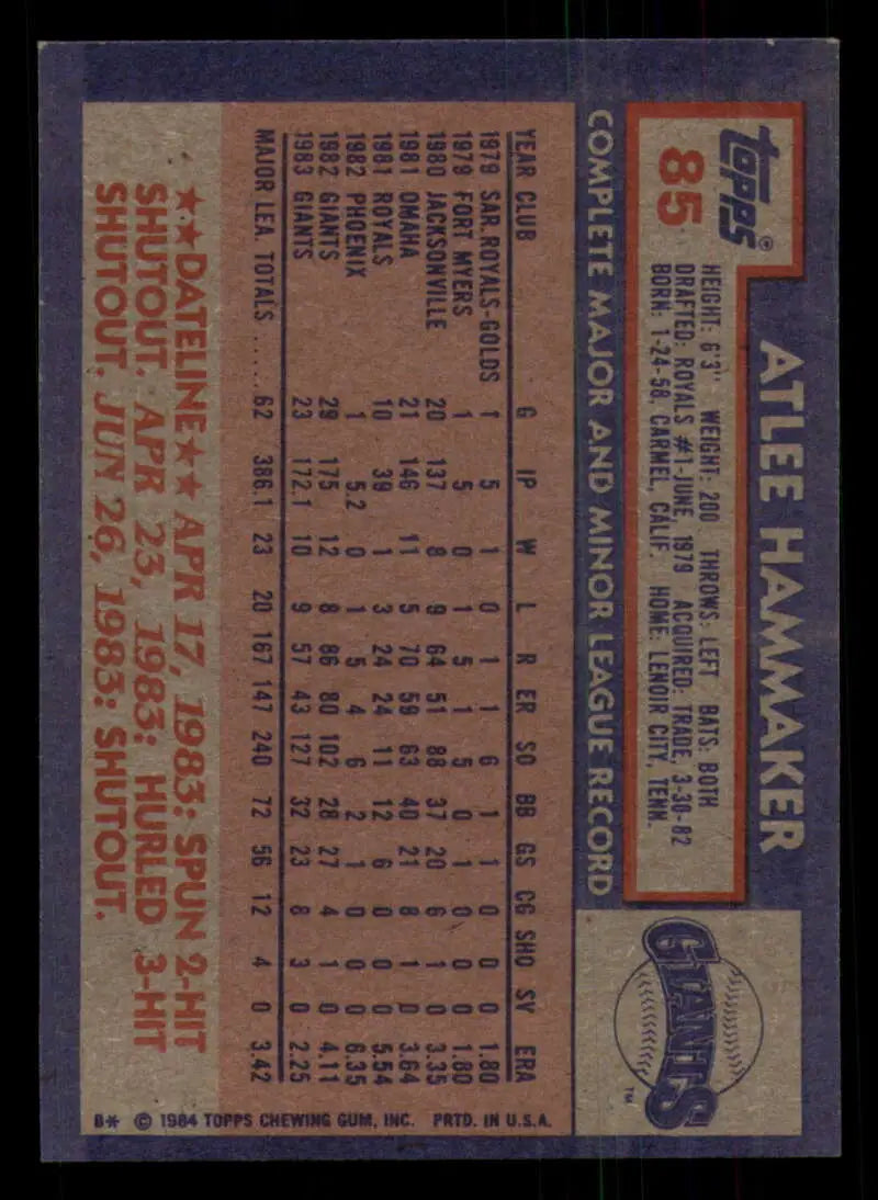 1984 Topps #85 Atlee Hammaker EX Excellent San Francisco Giants Baseball Card - Baseball Card Single
