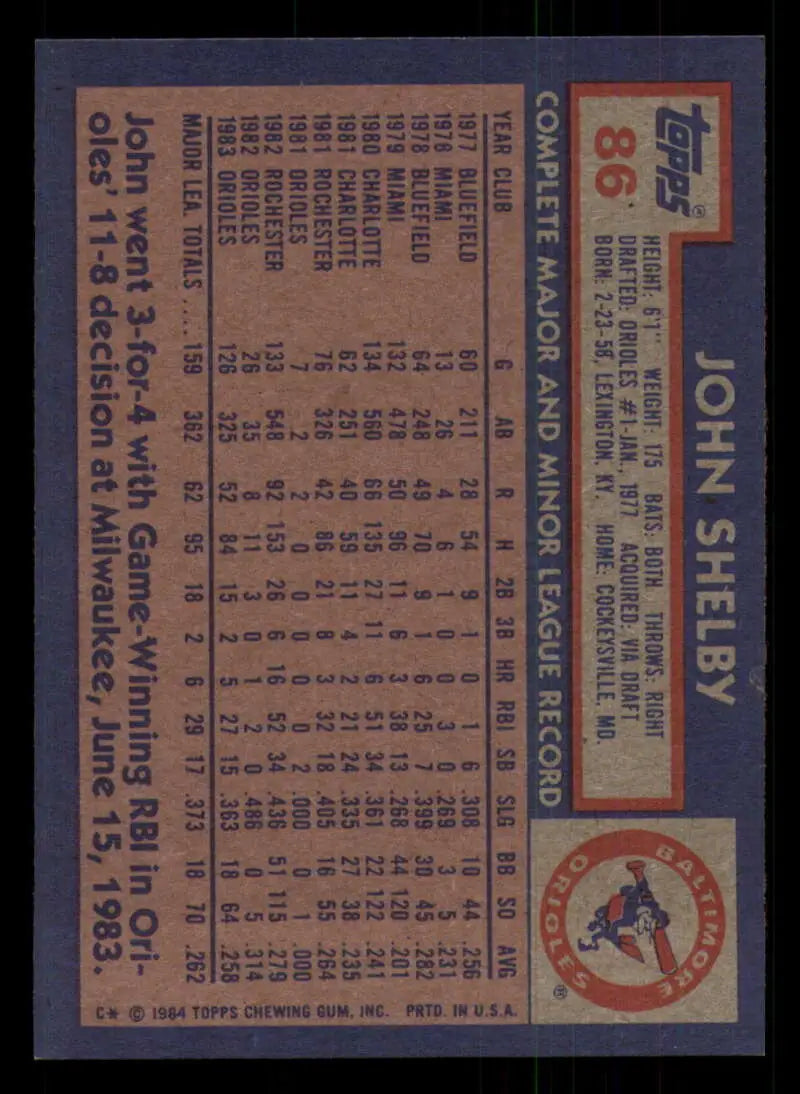 1984 Topps #86 John Shelby EX Excellent Baltimore Orioles Baseball Card - Baseball Card Single