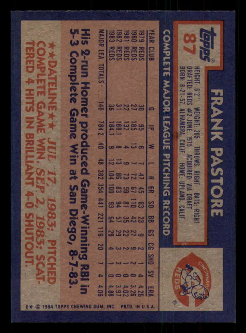 1984 Topps #87 Frank Pastore EX Excellent Cincinnati Reds Baseball Card - Baseball Card Single