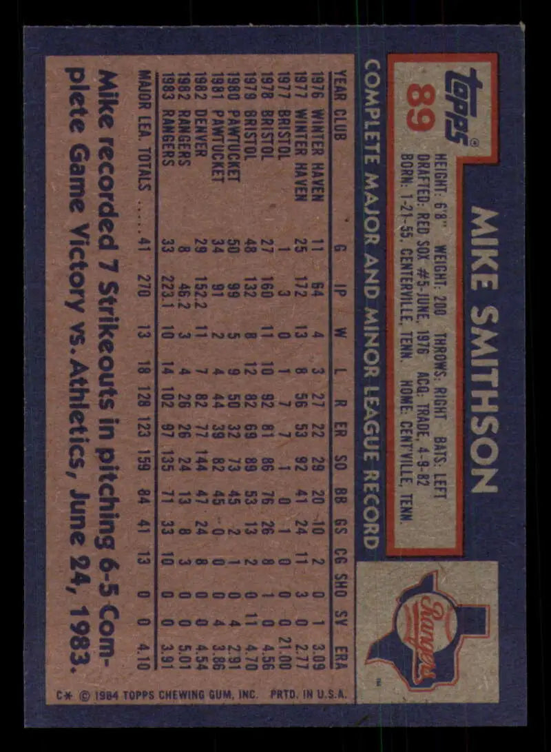 1984 Topps #89 Mike Smithson EX Excellent Texas Rangers Baseball Card - Baseball Card Single