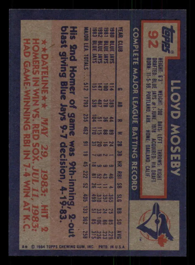 1984 Topps #92 Lloyd Moseby EX Excellent Toronto Blue Jays Baseball Card - Baseball Card Single