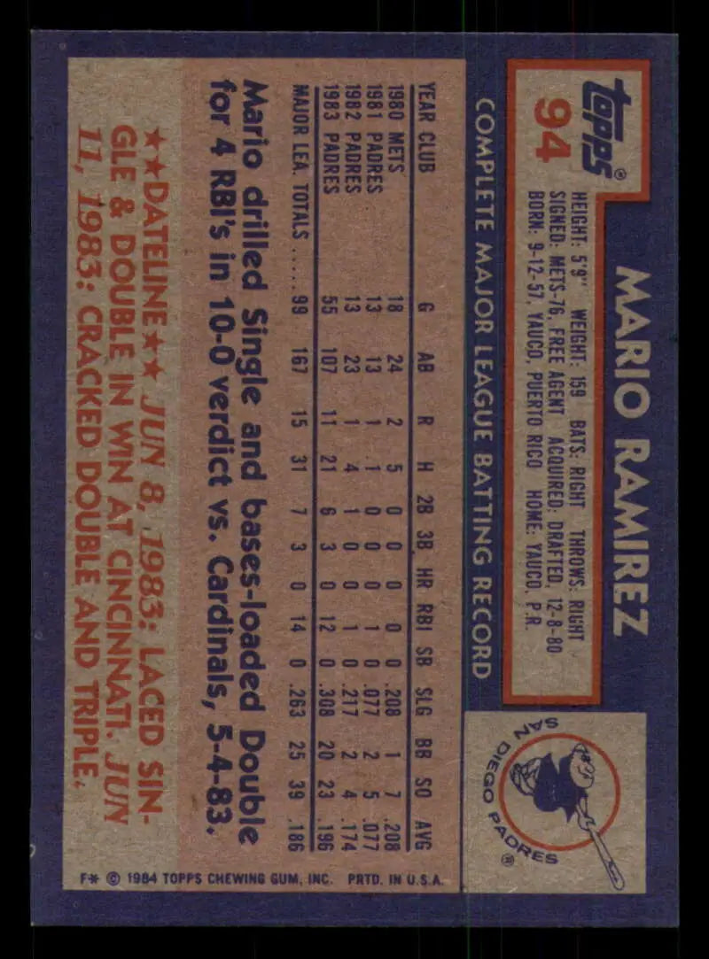 1984 Topps #94 Mario Ramirez EX Excellent San Diego Padres Baseball Card - Baseball Card Single