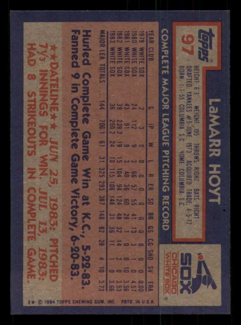 1984 Topps #97 LaMarr Hoyt EX Excellent Chicago White Sox Baseball Card - Baseball Card Single