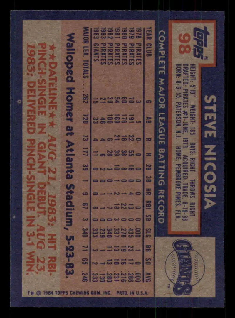 1984 Topps #98 Steve Nicosia EX Excellent San Francisco Giants Baseball Card - Baseball Card Single