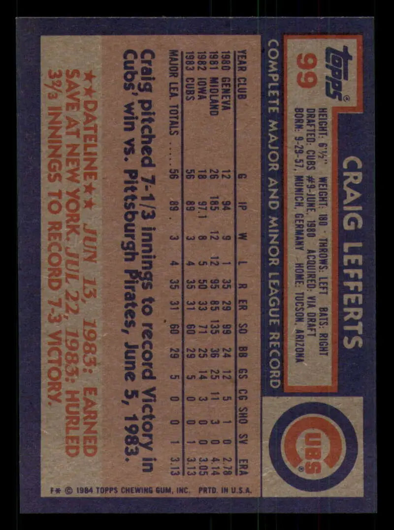1984 Topps #99 Craig Lefferts EX Excellent RC Rookie Chicago Cubs Baseball Card - Baseball Card Single