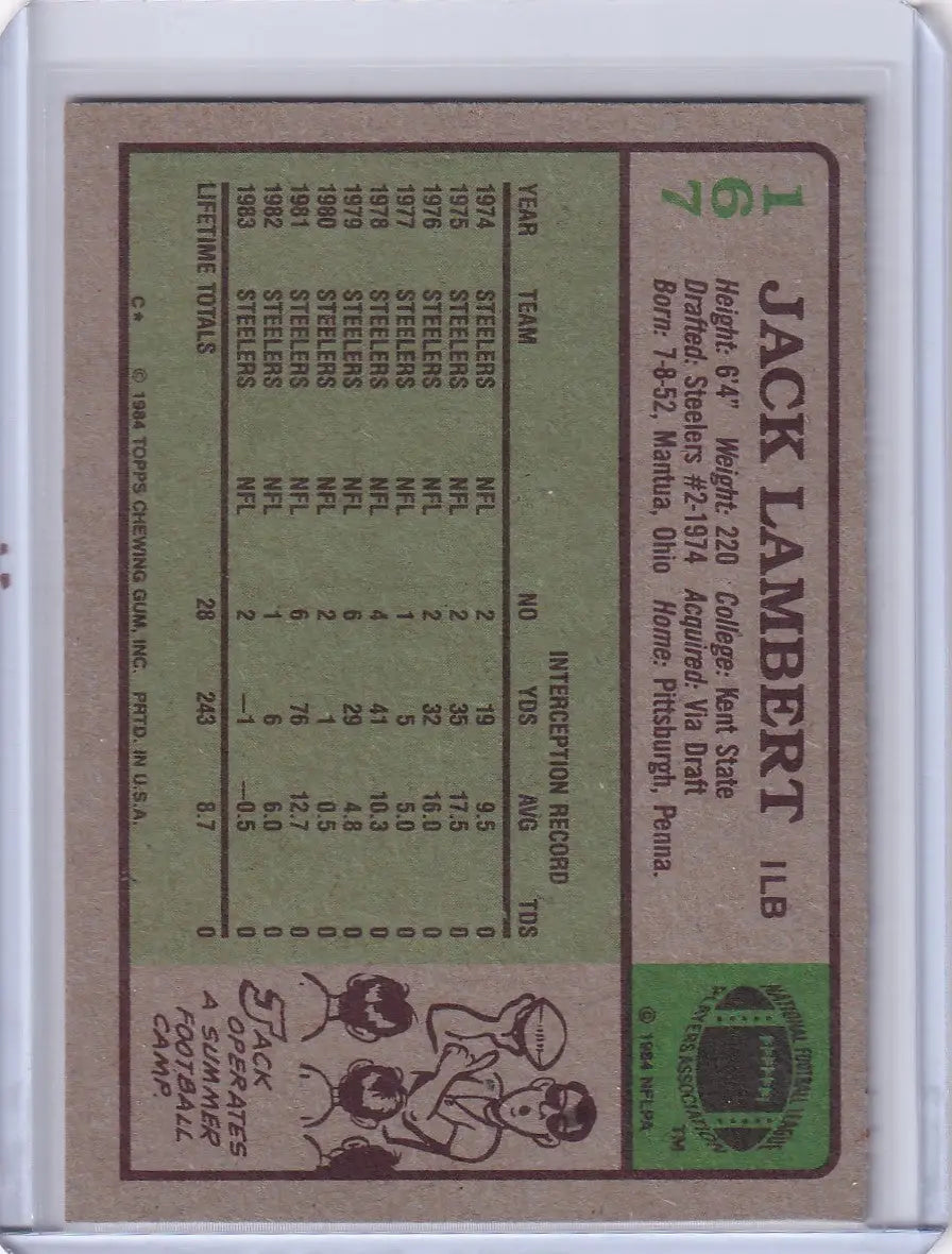 Jack Lambert 1984 Topps Football card featuring Pittsburgh Steelers linebacker