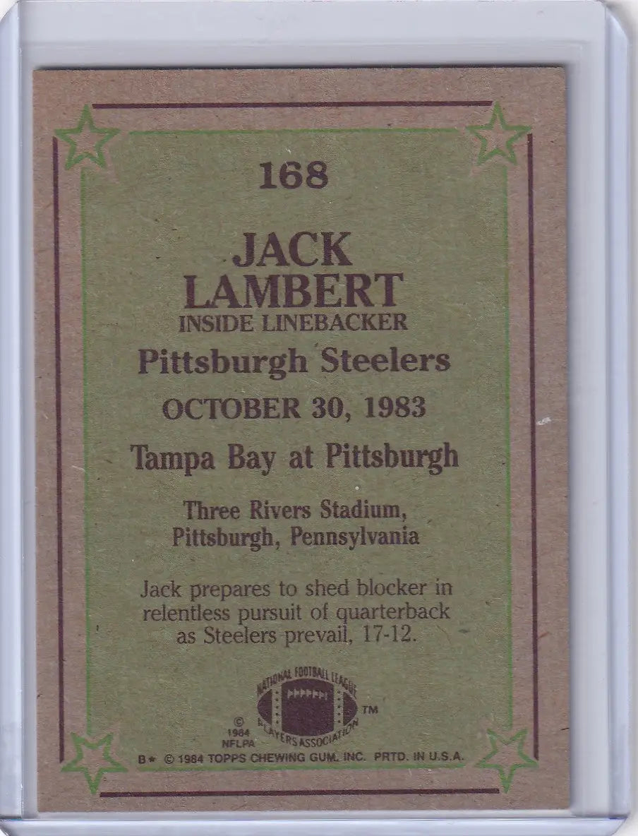 Jack Lambert 1984 Topps Football card featuring Pittsburgh Steelers legend