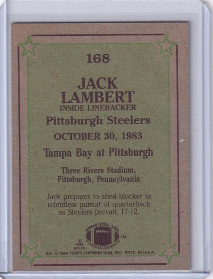 Jack Lambert 1984 Topps Football card featuring Pittsburgh Steelers legend