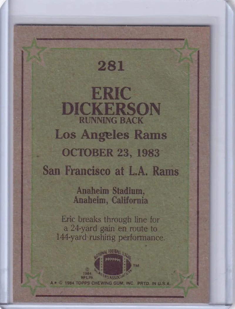 Eric Dickerson 1984 Topps Football card featuring Los Angeles Rams star player