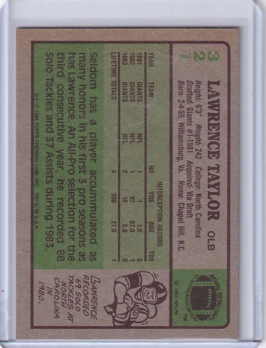 Lawrence Taylor 1984 Topps Football card featuring the New York Giants