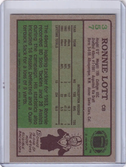 Ronnie Lott 1984 Topps Football card featuring San Francisco 49ers star player