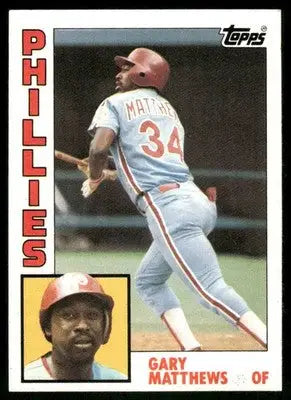 1985 Topps Gary Matthews baseball card displayed in 1984 Topps Gary Matthews #70 product