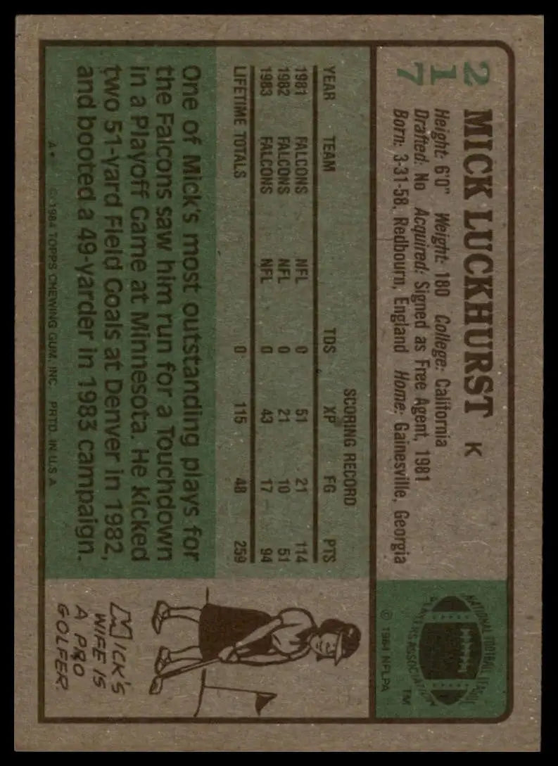 1984 Topps Mick Luckhurst #217 Atlanta Falcons Football Card NFL Sports - Football Card Single